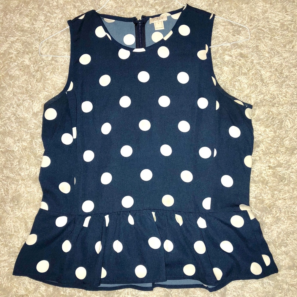 J Crew navy and white polka dot peplum tank